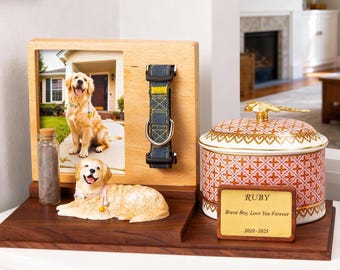 Custom Dog Urn | Ceramic Pet Memorial Set with Clay Figurine