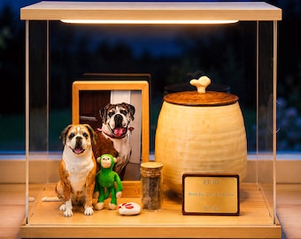 Custom Pet Urn with Handmade Figurine, Photo Frame & Acrylic Memorial Display Case
