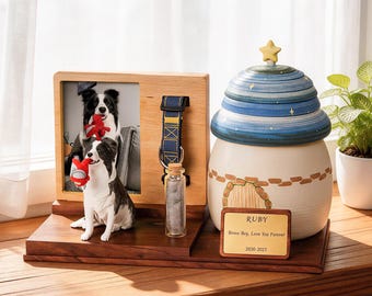 Custom Pet Urn with Handmade Figurine, Ceramic Memorial Keepsake Set