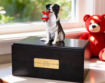 Handmade Ebony Wood Pet Urn | Custom Polymer Clay Dog Figurine