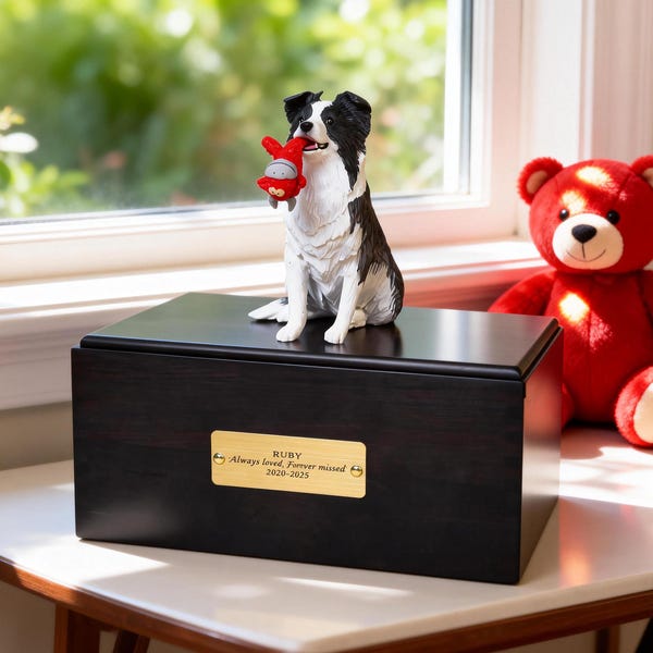 Urna per animali domestici in legno di ebano fatta a mano / Statuina di cane personalizzata in argilla polimerica