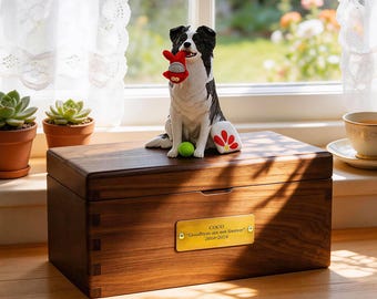 Custom Pet Figurine with Walnut Wood Urn, Fully Customizable Solid Wood Urn for Ashes