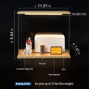 May include: A display case with a custom figurine of a dog, a fur jar, and an urn. The case is 11.81 inches long, 9.84 inches high, and 7.87 inches wide. It includes a top light strip and a nameplate that reads "RUBY".