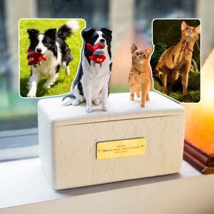 May include: A cream-colored pet urn with a textured surface, featuring a gold nameplate that reads "RUBY Always loved, forever missed 2020-2023." The urn is decorated with images of a dog and two cats. One dog is running with a red toy.