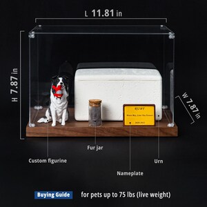 May include: A pet urn display case with a custom figurine, fur jar, and nameplate. The case is 11.81 inches long, 7.87 inches wide, and 7.87 inches high. The urn is designed for pets up to 75 lbs.
