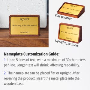 May include: A rectangular wooden nameplate with a gold-colored metal plate. The text "RUBY", "Brave Boy, Love You Forever", and "2020-2025" are engraved on the plate. The nameplate can be displayed flat or upright.