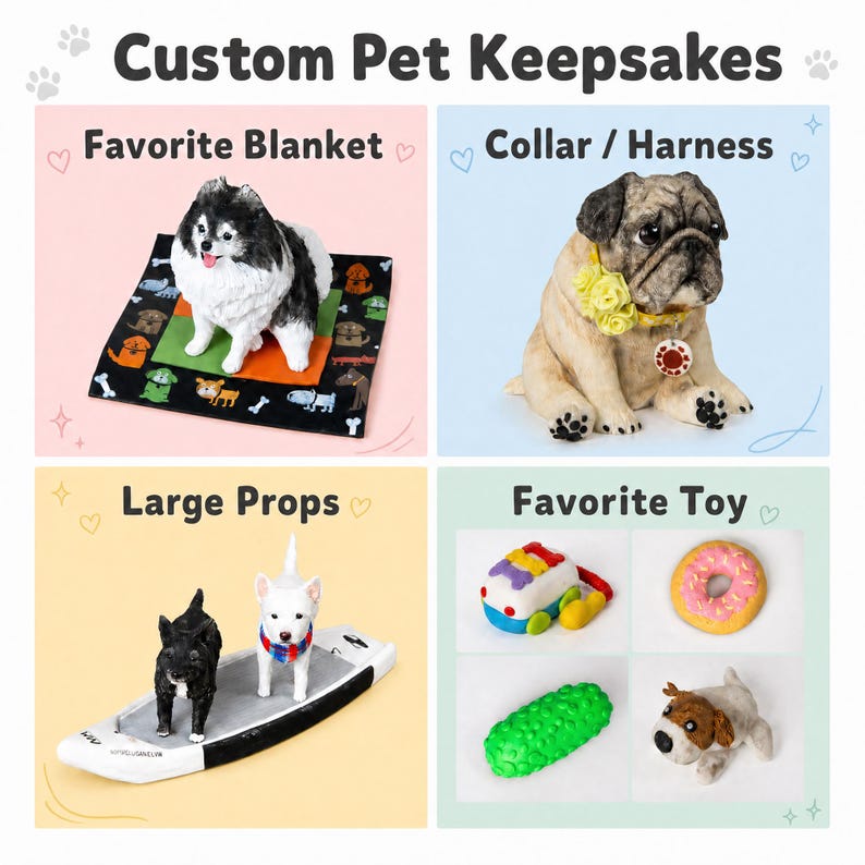 May include: Image showcasing custom pet keepsakes. Includes a dog on a blanket, a pug with a collar, two dogs on a surfboard, and various pet toys. Text at the top reads "Custom Pet Keepsakes".