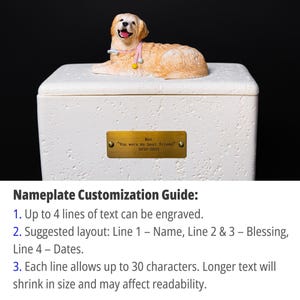 May include: A white pet urn with a golden retriever figurine on top. The urn has a gold nameplate that reads "Max, You were my best friend 2010-2025". The urn is a memorial for a pet.