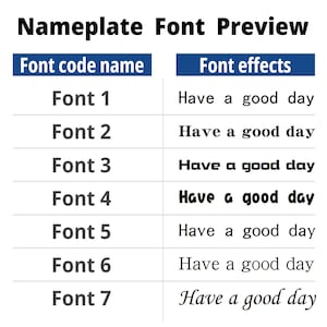 May include: A font preview chart titled "Nameplate Font Preview" displays seven font styles. Each font is paired with the text "Have a good day" to showcase its appearance. The chart is designed to help users visualize different font options.