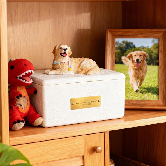 Custom Pet Urn with Figurine, Dog Cat Ashes Box, Stone Finish Tribute