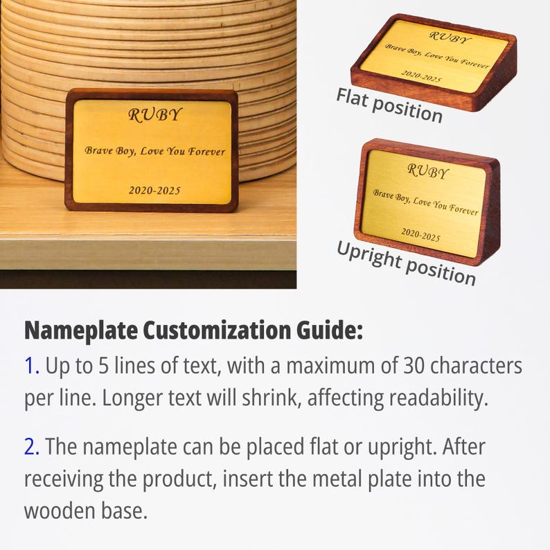 May include: A rectangular nameplate with a gold-colored surface and a dark wooden frame. The nameplate displays the name "RUBY", the phrase "Brave Boy, Love You Forever", and the date "2020-2025". The nameplate can be placed flat or upright.