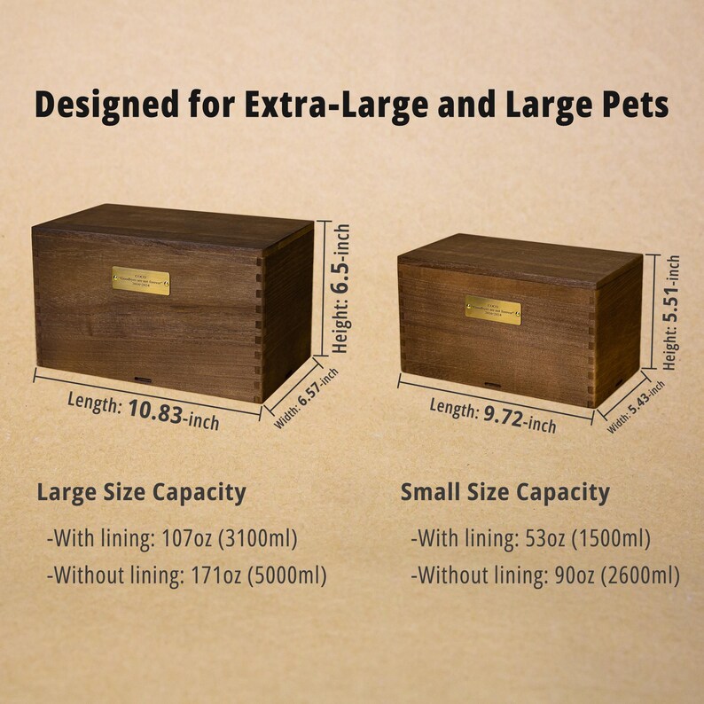 May include: Two wooden pet urns, one measuring 10.83 inches long, 6.57 inches wide, and 6.5 inches high, and the other 9.72 inches long, 5.43 inches wide, and 5.51 inches high. The text reads "Designed for Extra-Large and Large Pets."