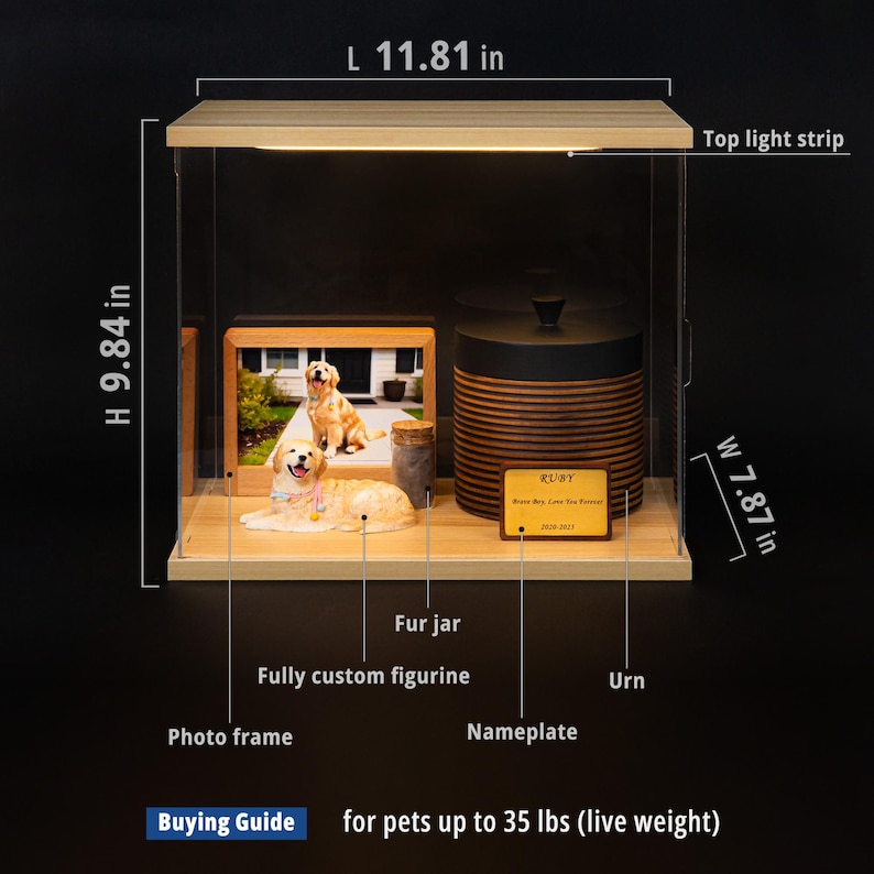 May include: A pet memorial display case with a wooden frame, measuring 11.81 inches long, 9.84 inches high, and 7.87 inches wide. It includes a photo frame, a figurine, a fur jar, and an urn. The display has a top light strip and a nameplate.