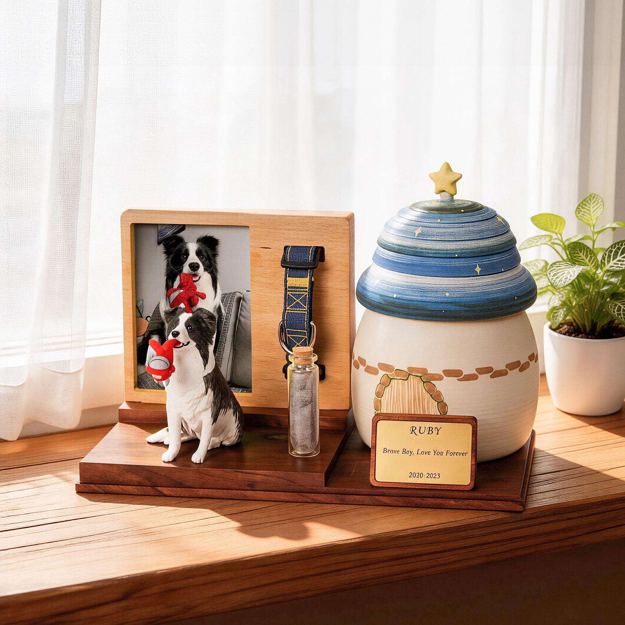 Custom Pet Urn with Handmade Figurine, Ceramic Memorial Keepsake Set