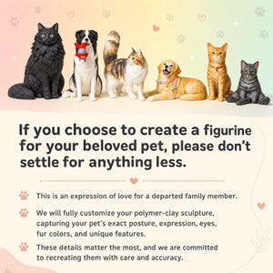 May include: A collection of detailed pet figurines, including a black cat, a border collie, a calico cat, a golden retriever, an orange tabby cat, and a gray tabby cat. Text: If you choose to create a figurine for your beloved pet, please don't settle for anything less.