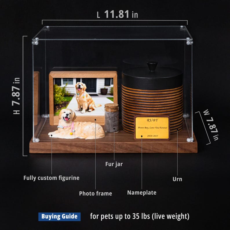 May include: A pet memorial display case with a wooden base, clear acrylic cover, and dimensions of 11.81 inches long, 7.87 inches high, and 7.87 inches wide. Includes a figurine, photo frame, fur jar, and urn.