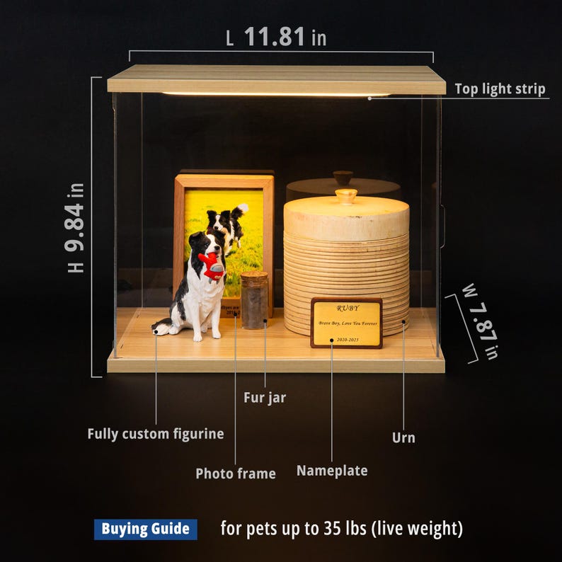 May include: A wooden pet memorial display case, 11.81 inches long, 9.84 inches high, and 7.87 inches wide. It features a fully custom figurine, photo frame, fur jar, and urn. The display includes a top light strip and a nameplate.