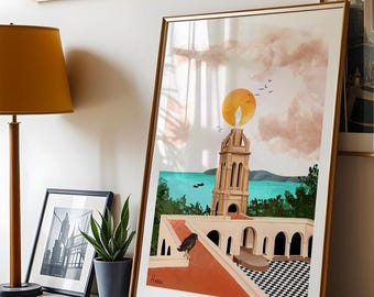 Radiant Oran | Illustration Santa Cruz, Algeria, Mediterranean Decor, Maghreb Wall Art, Oran Panorama, 200g Premium Paper