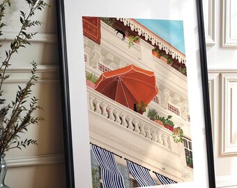 "Balconies of Algiers III" Poster | Illustration of Algeria, Mediterranean Decor, Maghreb Wall Art, Scenes of Life, 200g Premium Paper