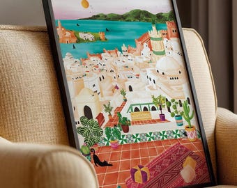Terraces of the Casbah | Illustration Algeria, Coastal City, Mediterranean Decor, Algerian Wall Art, Premium 200g Paper