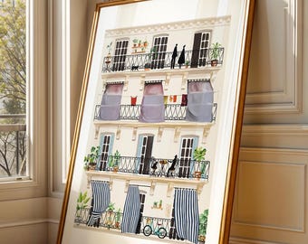 "Balconies of Algiers" Poster | Illustration of Algeria, Life in the Casbah, Mediterranean Decor, Maghreb Wall Art, Scenes of Life, Premium Paper