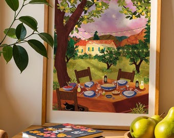 Banquet Under the Lemon Trees | Illustration Algeria, Festive Table, Mediterranean Decor, Algerian Wall Art, Dinner Under the Trees, 200g