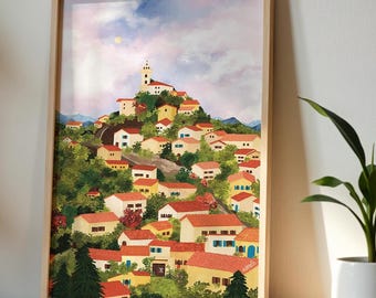 Kabyle Village Poster | Illustration of Algeria, Mountains, 200g Premium Paper