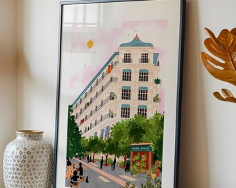 Algiers Building Poster - Illustration of Algiers Flowers, Travel Wall Decor, Haussmannian Architecture, Algerian Souvenir Gift