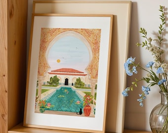 Palace of Tlemcen | Illustration Algeria, Moorish Art, Mediterranean Decor, Maghreb Mural Art, Andalusian Patio, Premium Paper