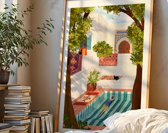 Maghreb Bathing Poster | Algerian Illustration, Mediterranean Decor, Wall Art, Patio with Pool, 200g Premium Paper