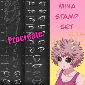 May include: Digital art stamp set for Procreate featuring anime-style character design elements. Includes hair styles, eye shapes, and face profiles. The image also features a pink-haired anime character and the text "MINA STAMP SET".