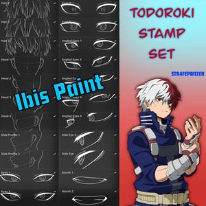 Pode incluir: Tutorial de arte digital com um personagem de cabelo vermelho e branco, com o texto "Todoroki Stamp Set". A imagem inclui guias de desenho para olhos, cabelo e formas de cabeça, com o texto "Ibis Paint".