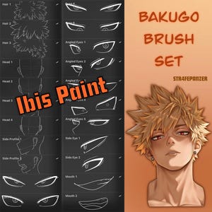 May include: Digital art tutorial for drawing anime characters. The image shows a set of drawing guides for eyes, hair, and facial features, with the text "BAKUGO BRUSH SET" and "Ibis Paint". A portrait of an anime character is also shown.