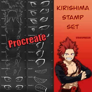 May include: Digital art stamp set for Procreate featuring Kirishima from the anime series. The set includes various eye, mouth, and hair style options, along with a character illustration. The text "KIRISHIMA STAMP SET" is displayed.