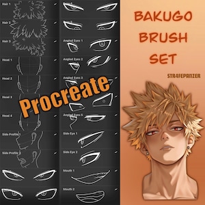 May include: Digital art brush set for Procreate, featuring a detailed illustration of a character's face with spiky blonde hair and red eyes. The image includes various eye and hair style guides, labeled with text. The words "BAKUGO BRUSH SET" are also visible.