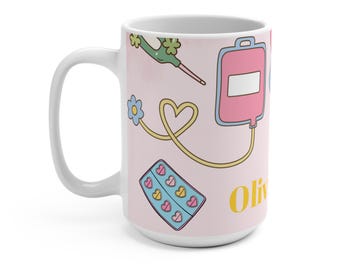 personalized Cute Nurse Scrubs Pattern Mug | Pink Medical Stethoscope Bandage Coffee Cup