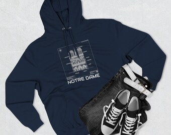 Blauwe fleece hoodie Notre-Dame met drie panelen, sweater Parijs, sweater Frankrijk, sweater gotische architectuur, Paris Lover