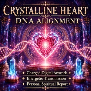 May include: Digital artwork titled CRYSTALLINE HEART DNA ALIGNMENT featuring a glowing pink faceted heart, a double helix DNA strand, and blue crystal pillars. Text includes Charged Digital Artwork, Energetic Transmission, and Personal Spiritual Report.