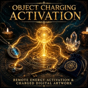 May include: A digital artwork titled OBJECT CHARGING ACTIVATION featuring a glowing golden sphere of light connecting to a blue gemstone pendant, a blue gemstone ring, a metal key, and a blue velvet pouch on a dark circular patterned surface.
