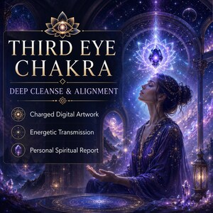 Op de afbeelding: Een digitale afbeelding met de tekst THIRD EYE CHAKRA DEEP CLEANSE & ALIGNMENT, Charged Digital Artwork, Energetic Transmission en Personal Spiritual Report. Een persoon in paarse gewaden zit voor een oplichtende ronde tafel.