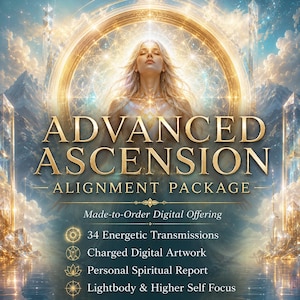 Könnte beinhalten: Eine digitale Grafik mit einer Person mit geschlossenen Augen in einem goldenen kreisförmigen Rahmen und kristallinen Strukturen. Der Text lautet: ADVANCED ASCENSION ALIGNMENT PACKAGE, Made-to-Order Digital Offering, 34 Energetic Transmissions, Charged Digital Artwork, Personal Spiritual Report, Lightbody & Higher Self Focus.