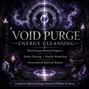 May include: A digital graphic featuring the text VOID PURGE ENERGY CLEANSING, Dark Energy Removal Support, Entity Clearing, Psychic Protection, and Personalized Spiritual Report. The design includes purple glowing light, candles, and crystals.