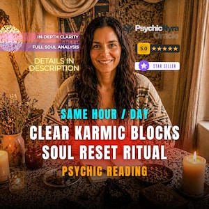 Op de afbeelding: Advertentie voor paranormale readings met een lachende vrouw. Tekst bevat "In-Depth Clarity", "Full Soul Analysis", "Clear Karmic Blocks" en "Soul Reset Ritual". De afbeelding toont ook een "Star Seller"-badge en een 5-sterrenbeoordeling.