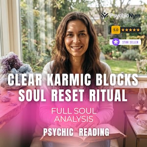 May include: A person with long brown hair wearing a light pink jumper, holding an open book. Text overlay reads: CLEAR KARMIC BLOCKS SOUL RESET RITUAL, FULL SOUL ANALYSIS, PSYCHIC READING. A large purple amethyst cluster and a small oil lamp are visible.