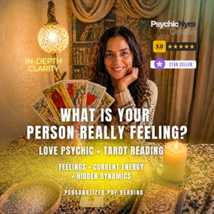 May include: A tarot reading service advertisement featuring a person holding a fan of tarot cards. Text overlays include "Psychic Nyra", "What is your person really feeling?", "Love Psychic + Tarot Reading", "In-depth clarity", and "Personalized PDF reading".