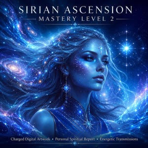 Könnte beinhalten: Digitales Kunstwerk mit dem Titel SIRIAN ASCENSION MASTERY LEVEL 2, das eine himmlische Figur mit fließendem blauem Haar, sternartigen Hautakzenten und einem leuchtenden Sternanhänger zeigt. Text: Charged Digital Artwork, Personal Spiritual Report, Energetic Transmissions.