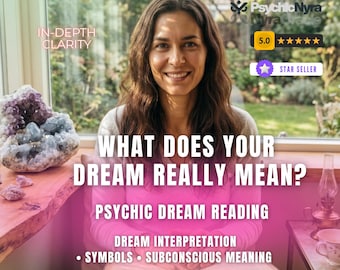 May include: A digital advertisement for a psychic dream reading service featuring text that reads: WHAT DOES YOUR DREAM REALLY MEAN? PSYCHIC DREAM READING, DREAM INTERPRETATION, SYMBOLS, SUBCONSCIOUS MEANING, PERSONALIZED PDF READING, IN-DEPTH CLARITY.