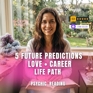 May include: A person holding an open book with text overlay reading 5 FUTURE PREDICTIONS LOVE CAREER LIFE PATH PSYCHIC READING IN-DEPTH CLARITY. A large purple amethyst crystal cluster sits to the left, and a small glass oil lamp is on the right.