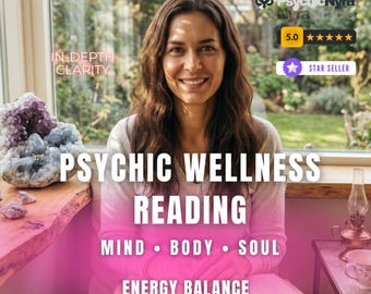 May include: A person holding an open book with text overlay reading Psychic Wellness Reading, Mind, Body, Soul, Energy Balance, and In-Depth Clarity. A large purple amethyst crystal cluster sits on a wooden surface next to a glass oil lamp.