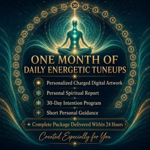 Könnte beinhalten: Eine digitale Grafik mit einer zentralen Silhouette in meditativer Haltung, umgeben von einem kreisförmigen Kalender mit den Zahlen 1 bis 30. Der Text lautet: ONE MONTH OF DAILY ENERGETIC TUNEUPS, Personalized Charged Digital Artwork, Personal Spiritual Report, 30-Day Intention Program, Short Personal Guidance, Complete Package Delivered Within 24 Hours, Created Especially for You.
